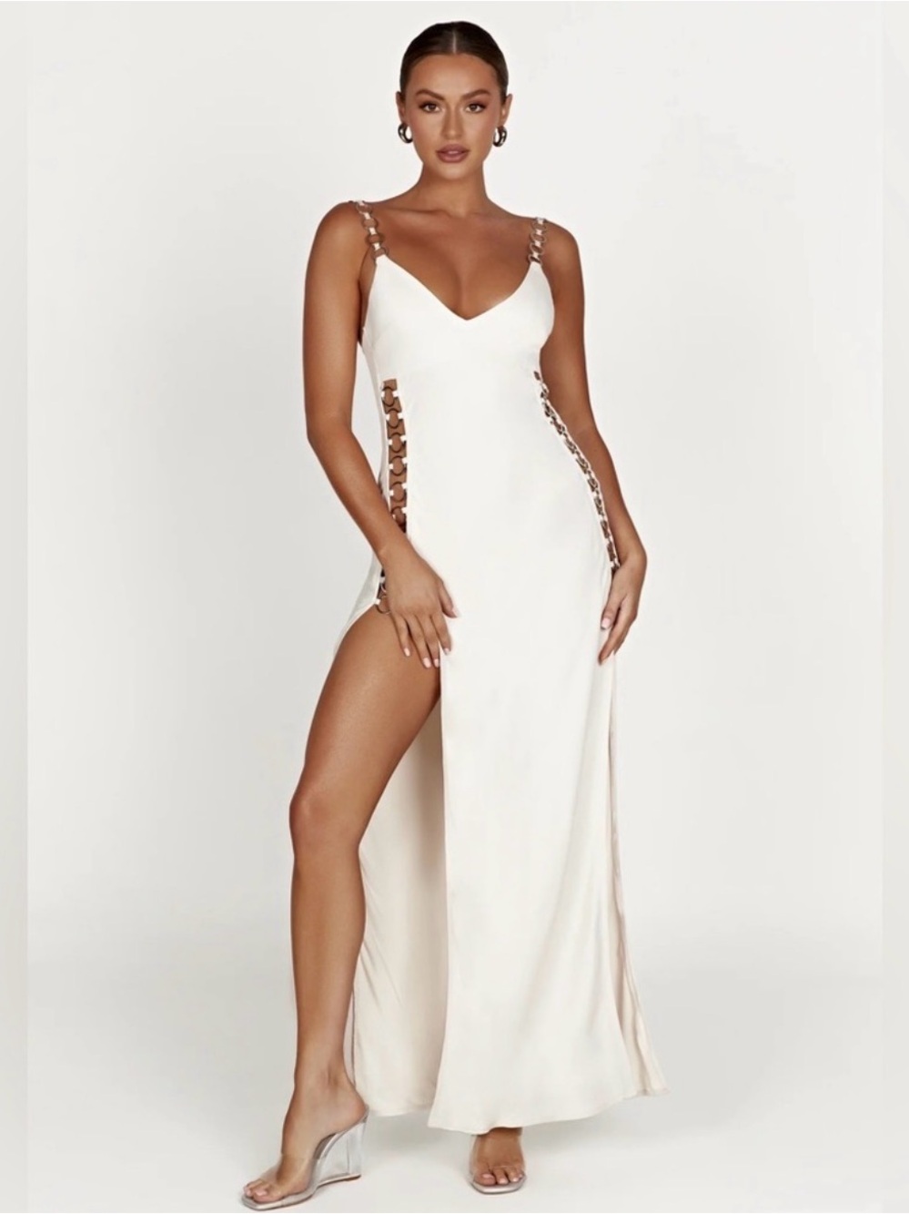 Meshki Cream Maxi Dress with Metal Cutouts